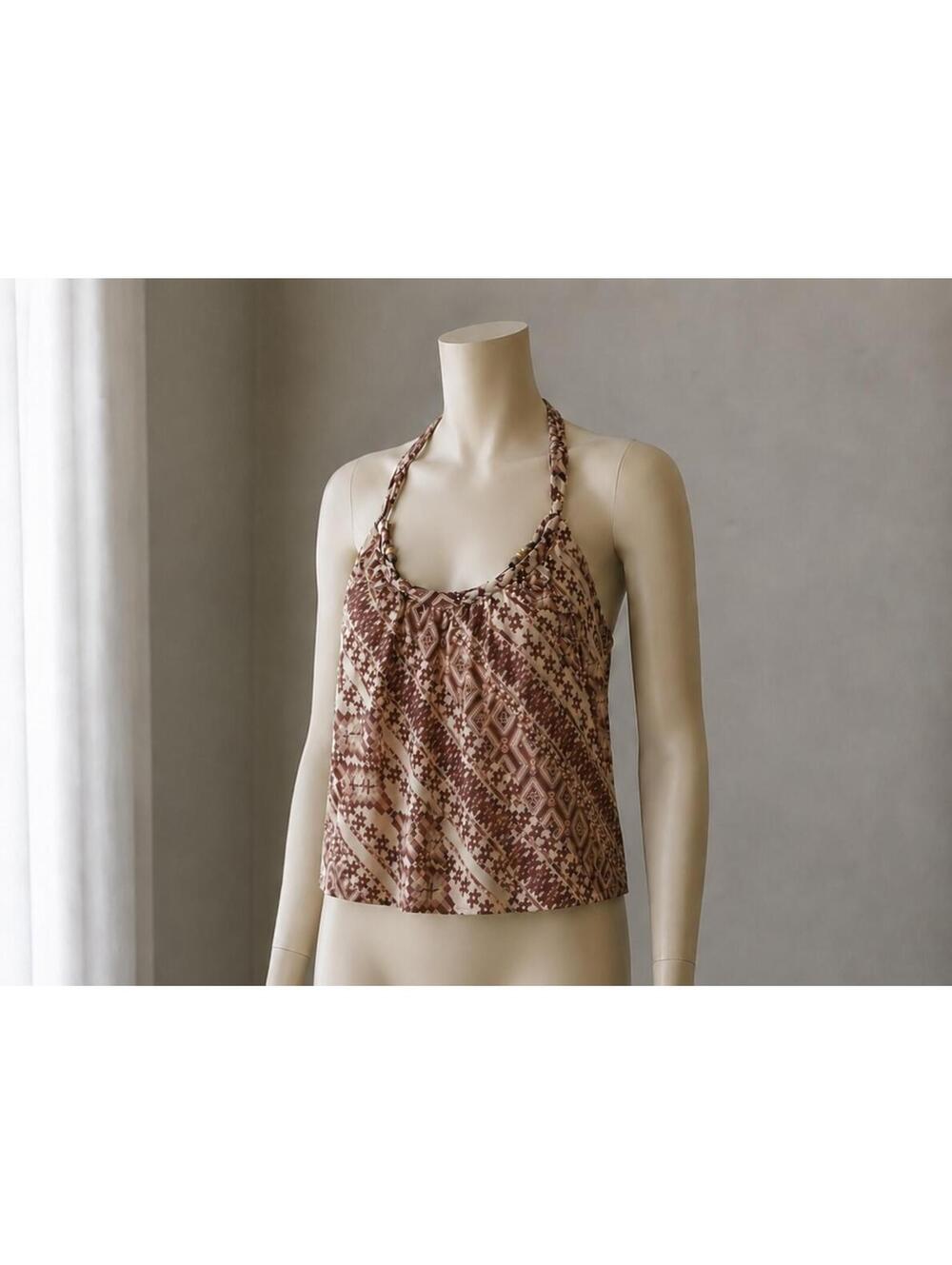 GUESS Women’s Halter Top Size S Brown Blush Geo Print Open Back Sleeveless